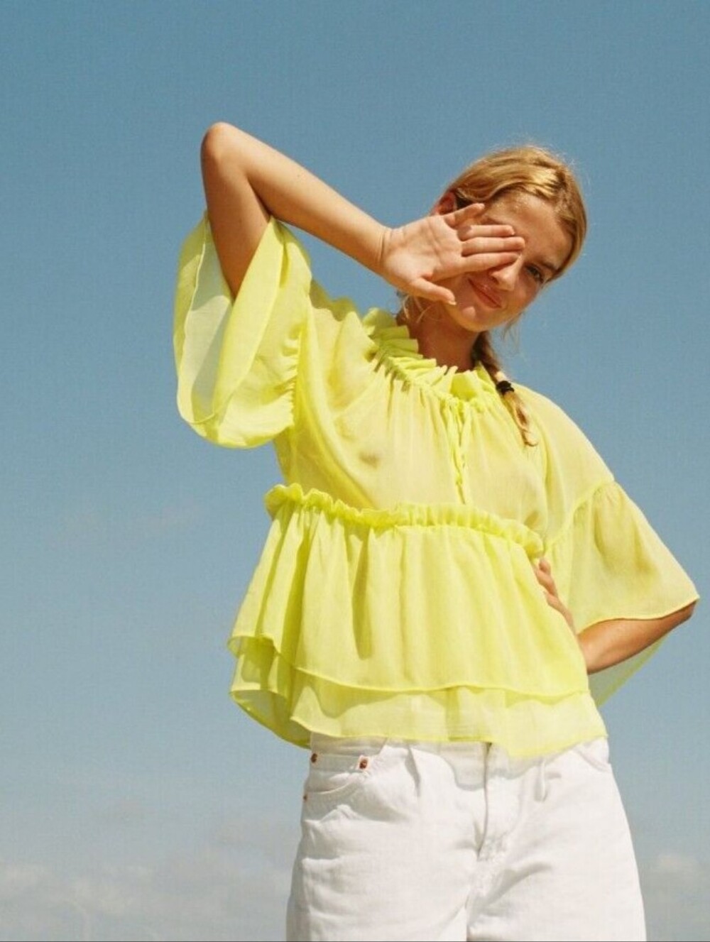 NWT Zara Neon Lime Tiered Ruffle Peasant Blouse